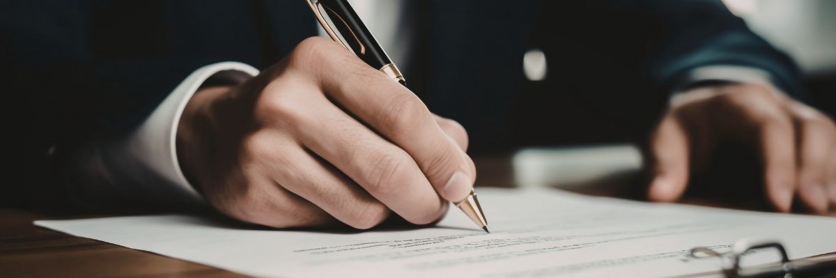 A close-up of a hand in a suit sleeve signing a formal document with a gold-trimmed fountain pen.
