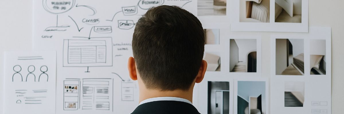 The back of a man's head as he reviews a wall of sketches and photos.