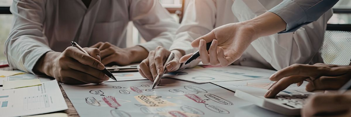 A group collaborating on a hand-drawn 